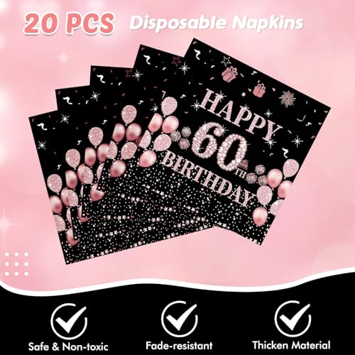 Black Gold 60th Birthday Party Plates and Napkins Set for Women - Vintage Rose Gold Celebration Tableware, 41 Pieces for 20 Guests