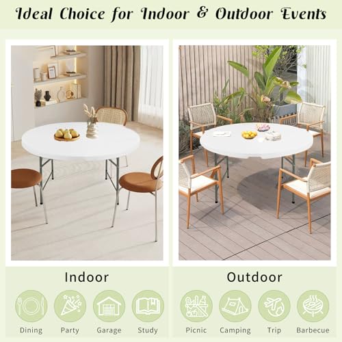 5ft Round Folding Table, Portable Fold-in-Half Plastic Picnic Table