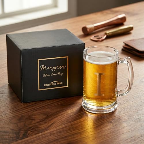 Personalized 14oz Beer Mug with Gold Monogram - Etched Glass Beer Stein