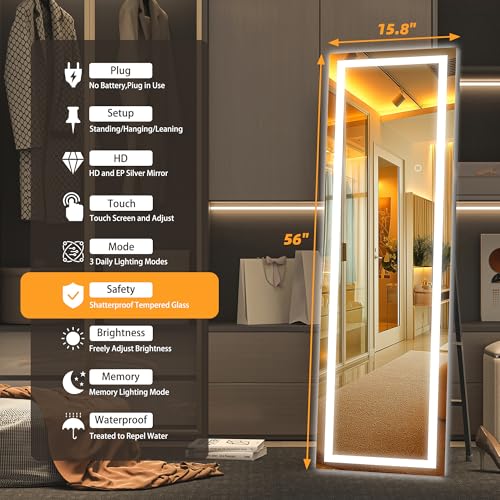 56" x 16" LED Full Length Floor Mirror, Dimmable Lighted Dressing Mirror