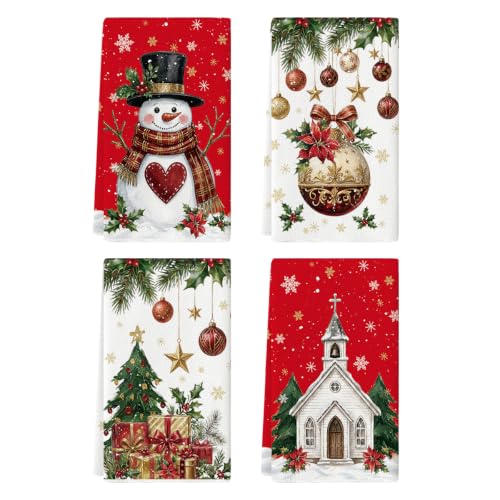 Snowman Christmas Kitchen Towels Set of 4 - 18x26 Inches, Absorbent & Decorative
