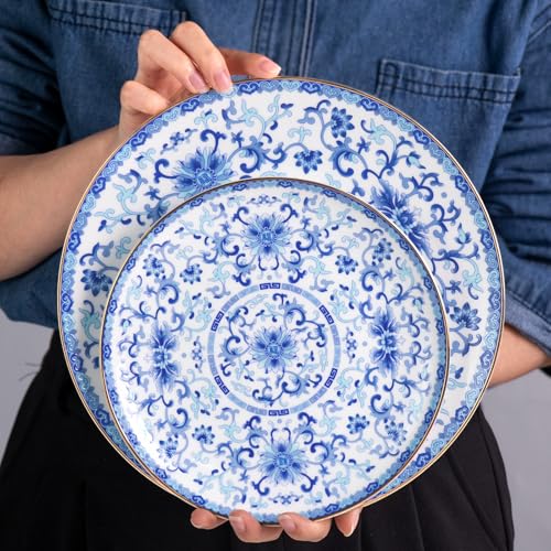 Ceramic Decorative Plate Set with Stand, Blue and White Porcelain, 8in & 10in