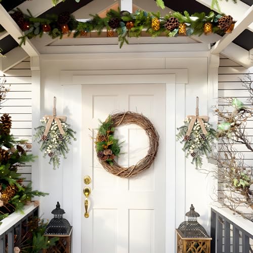 SY Super Bang 2Pcs White Berry Linen Bow Christmas Front Door Wall Decor - 19in