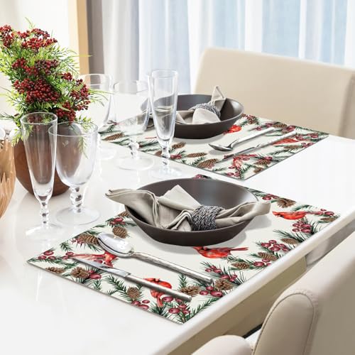Winter Cardinal Linen Placemats Set of 4, Christmas Holiday Table Decor 12x18"