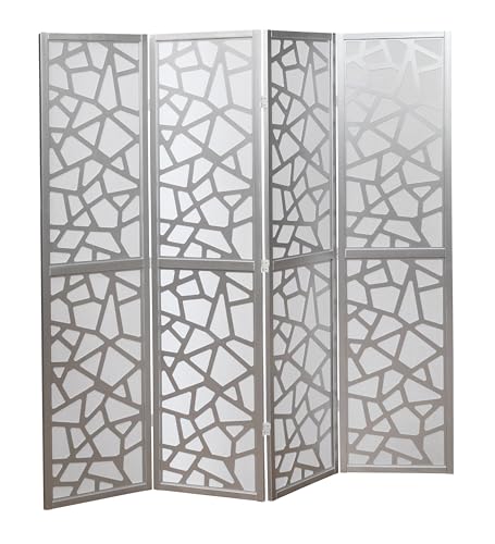 4-Panel Mosaic Room Divider with Silver Frame, White Folding Privacy Screen