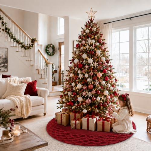 TOCHGREEN Red Knitted Christmas Tree Skirt 36 Inches - Diamond Cable Knit