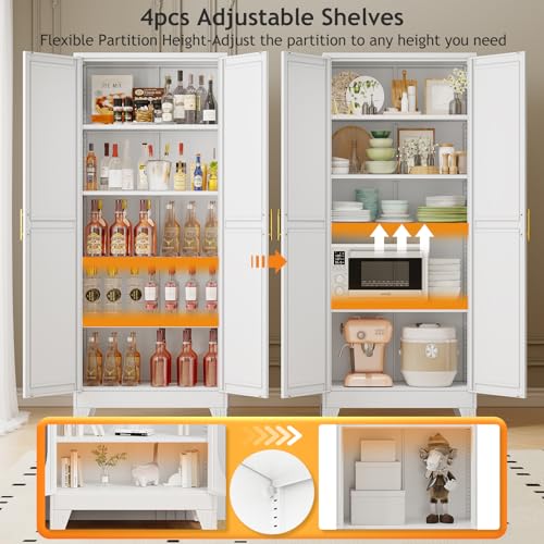 71" Tall White Metal Pantry Cabinet with Doors & 4 Adjustable Shelves
