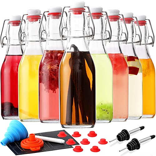 8-Pack 8.5oz Flip Top Glass Bottles with Airtight Stopper and Pourers
