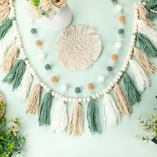 Boho Tassel and Pom Pom Garland Set - Sage Green Cotton Wall Decor