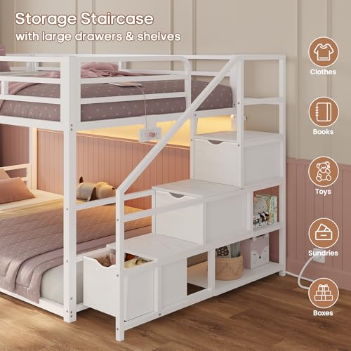 Low Twin Over Twin Bunk Bed with Storage Stairs, RGB Lights & Power Outlet