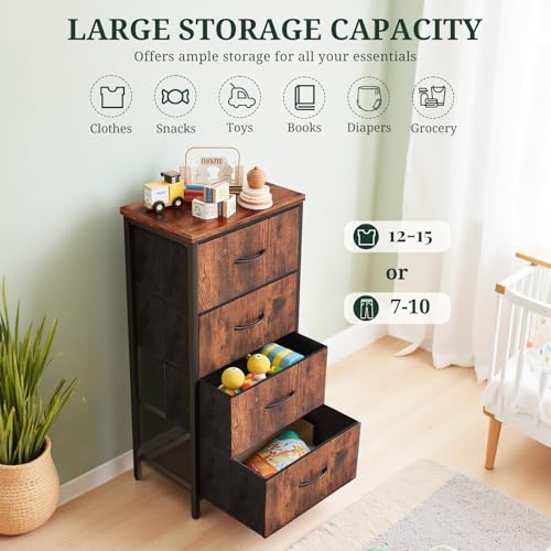 4-Drawer Fabric Dresser Storage Tower with Wooden Top for Bedroom & Closet