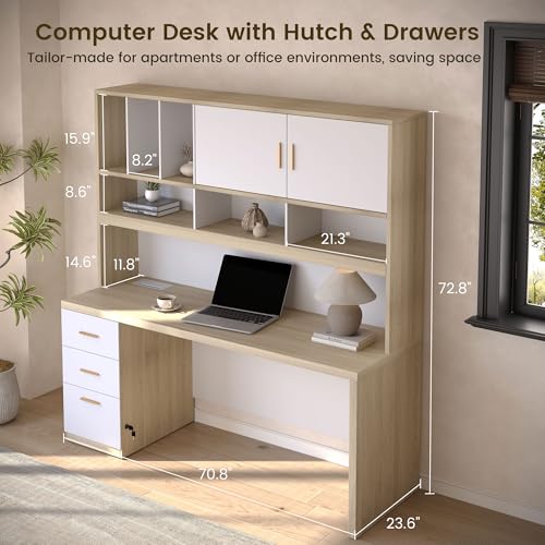 72.8-Inch Computer Desk with Hutch, Drawers, and Built-in Charging Station
