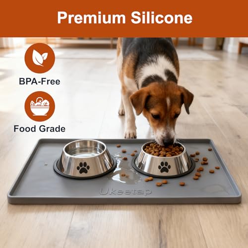 Waterproof Silicone Pet Feeding Mat with Raised Edges, 19" x 12" (Gray)