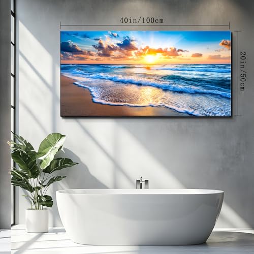 Beach Sunset Canvas Wall Art, Coastal Ocean Waves Print 40x20 Inch