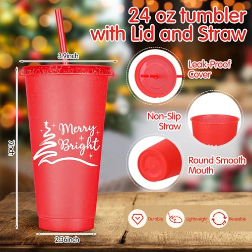 Vesici 8-Piece Xmas Gift Set: 4 Red & 4 Green Glitter Tumbler Cups, 8 Makeup Bags, 8 Pairs Christmas Socks (Red/Green Tree)