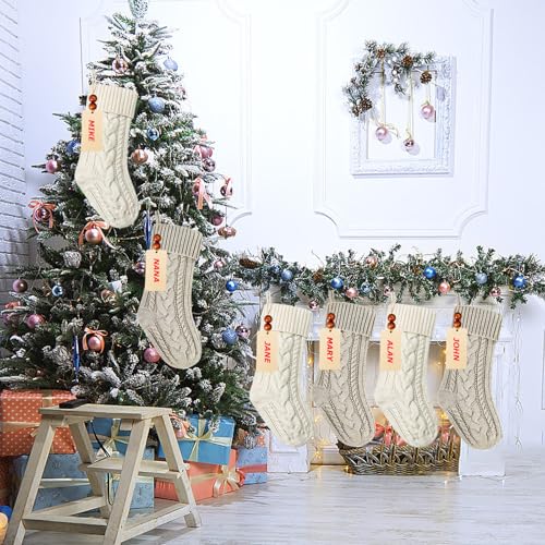 Large 18 Inch Christmas Stockings Set with Personalized Name Tags & Metal Holders - White and Khaki