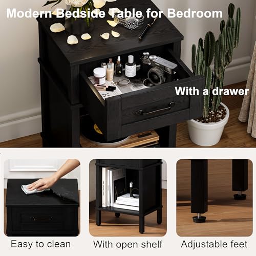 Modern Black Nightstand with Drawer - Small Wooden Bedside End Table