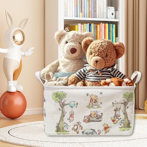 Large Foldable Canvas Storage Basket with Waterproof Interior - White Bear