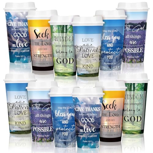Skylety 12 Pack Christian Gifts Bulk Landscape Coffee Cups with Lids - Holiday & Religious Gift Set