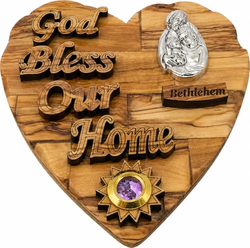 Olive Wood Holy Family Heart Plaque – Bethlehem Carved Wall Decor with Pewter Medallion & Frankincense Capsule