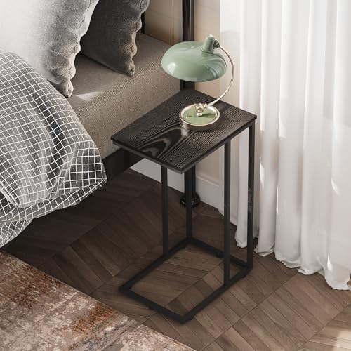 C-Shaped 2-Tier End Table for Sofa and Bedside, Black Metal TV Tray
