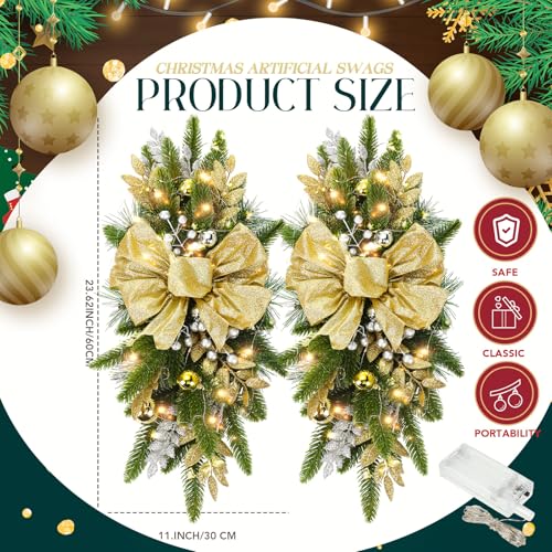 24-Inch Artificial Christmas Teardrop Swags - Gold Holiday Garland (8 Pack)