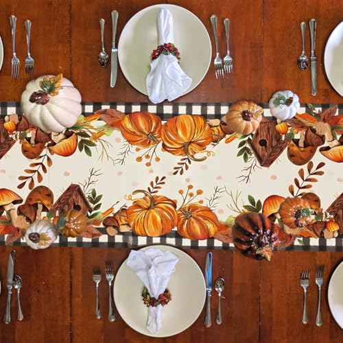 Farmhouse Thanksgiving Table Runner 13x72 Inch with Golden Leaves – Plaid Leaf Decor
