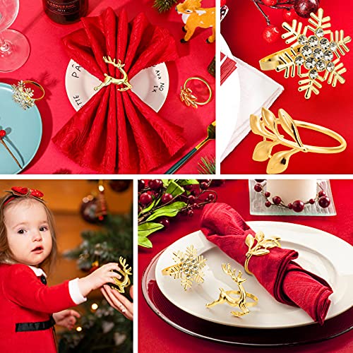 Patelai 6Pcs Christmas Napkin Rings Set Elk Leaf Snowflake Gold - 2 Each Style