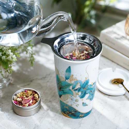 Harmoleaf Blue Lily Tea Gift Set with Insulated Ceramic Mug & Spoons