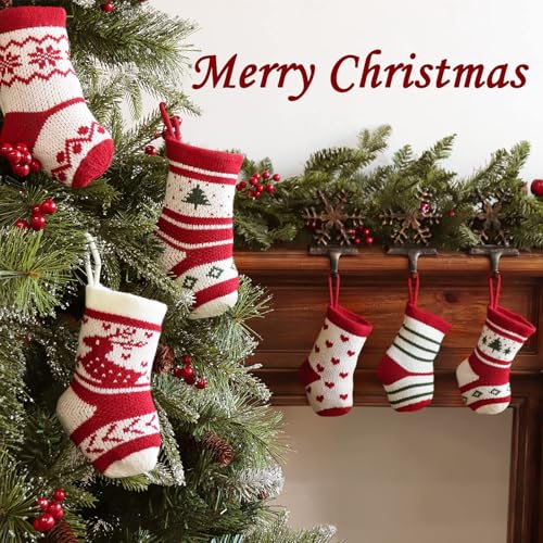 LimBridge Mini Christmas Stockings 7 Inch Set - Burgundy, Green, Ivory – Knitted Holiday Decor