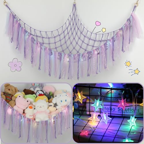 Large Stuffed Animal Hammock with LED Lights - Handwoven Cotton Toy Organizer