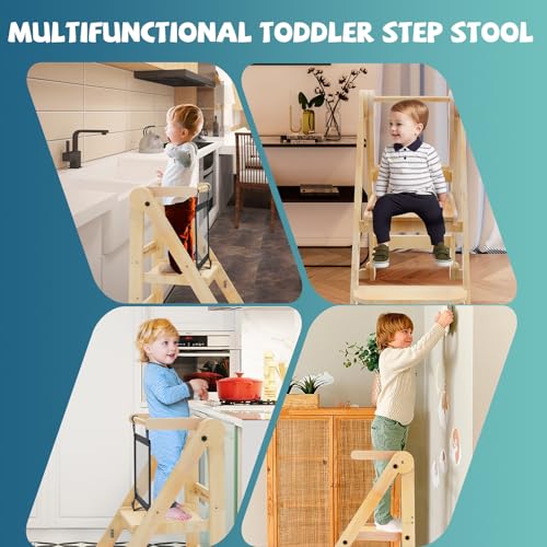 Foldable Toddler Learning Tower, 3-Height Adjustable Kitchen Helper Stool
