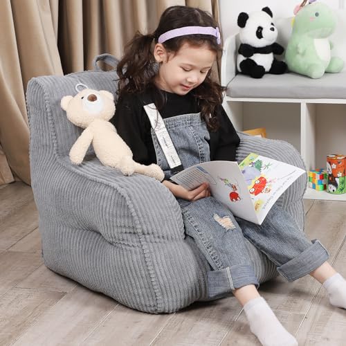 Kids Bean Bag Chair with Plush Teddy Bear - Comfortable Toddler Seat, Grey