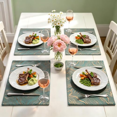 Green Pine Jacquard Placemats Set of 4 – Reversible 12x18 in, Gold Ripple Motif