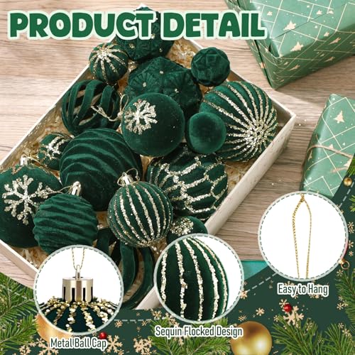 36 Pcs Hunter Green Velvet Christmas Ornaments Set - Flocked Ball Ornaments 1.57in-3.16in with 9 Shapes