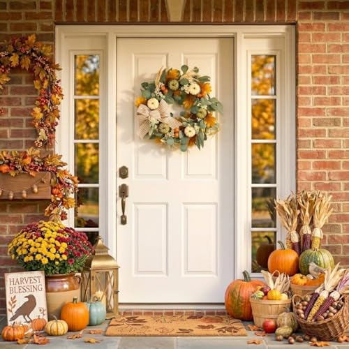 20-Inch Lighted Fall Wreath for Front Door with Timer and Pumpkins