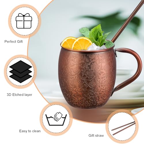 Red Copper Moscow Mule Mugs Set of 2 - 18 Oz Copper-Plated Stainless Steel Cocktail Cups for Cold Drinks, Beer, Wine, Bars & Parties