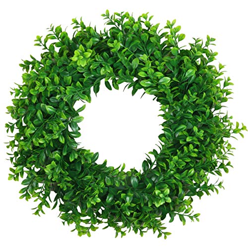 17-Inch Artificial Boxwood Wreath for Front Door, Spring & Summer Decor