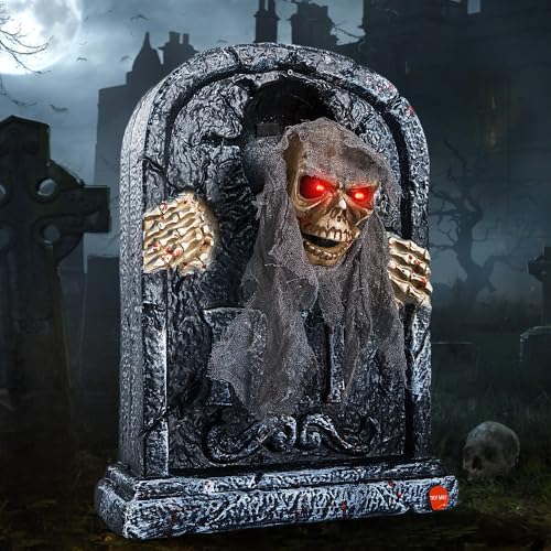 Animatronic Halloween Tombstone with Moving Skeleton, LED Eyes & Sound