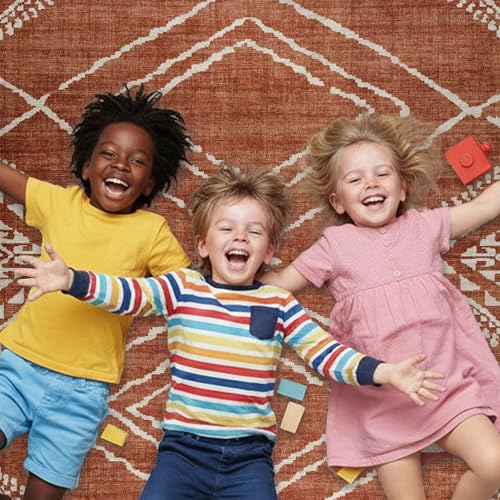 ReaLife Rugs Machine Washable Area Rug - Living Room Bedroom Bathroom Kitchen Entryway Office - Padded Crease Free Stain Resistant Premium - Moroccan Tribal Diamond - Jax- Orange - 2'x 3'
