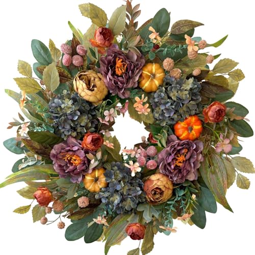 24-Inch Fall Front Door Wreath with Hydrangeas, Peonies, and Pumpkins