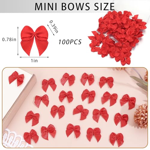 Loomesh Red Mini Bow Ribbons 1" Premade Small Craft Bows for Decorations (Pack of 100)