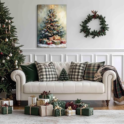 Christmas Tree Wall Art Canvas Painting - Snowy Holiday Decor, 16x24 inches