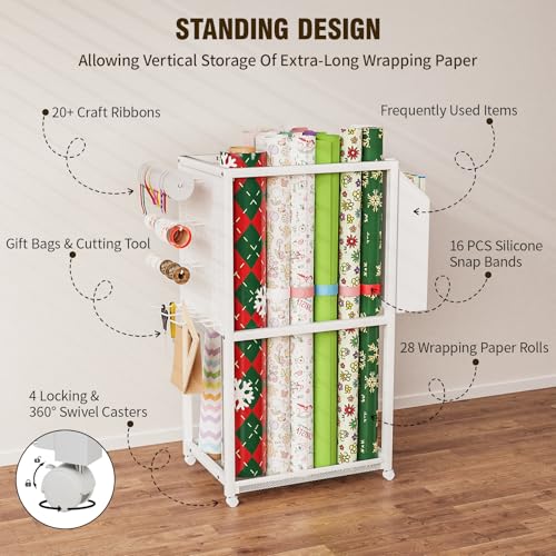 Rolling Metal Wrapping Paper Storage Cart with Wheels and 16 Straps
