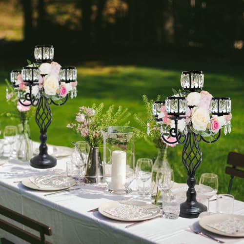 Black 23.2 Inch Tall Elegant 5-Arm Crystal Candle Candelabra Wedding Table Centerpiece