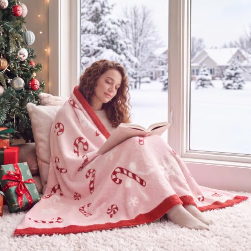 Snuggle Sac Pink Candy Cane Bow Christmas Throw Blanket 50x60 in - Ultra Soft Plaid Snowflake