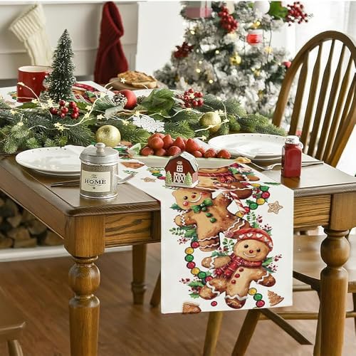 Baccessor Christmas Gingerbread Man Table Runner 13x48 Burlap - Funny Candy Cane Xmas Decor