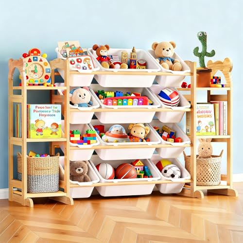 Wooden Toy Storage Organizer with 6 Shelves and 12 Bins for Playroom