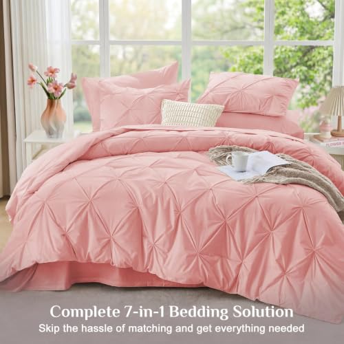Queen Pintuck Comforter Set - 7-Piece All-Season Bed in a Bag, Pink