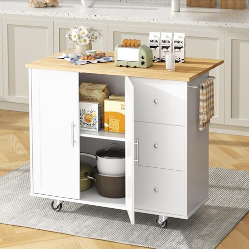 Rolling Kitchen Island with Folding Drop Leaf and Storage Cabinet